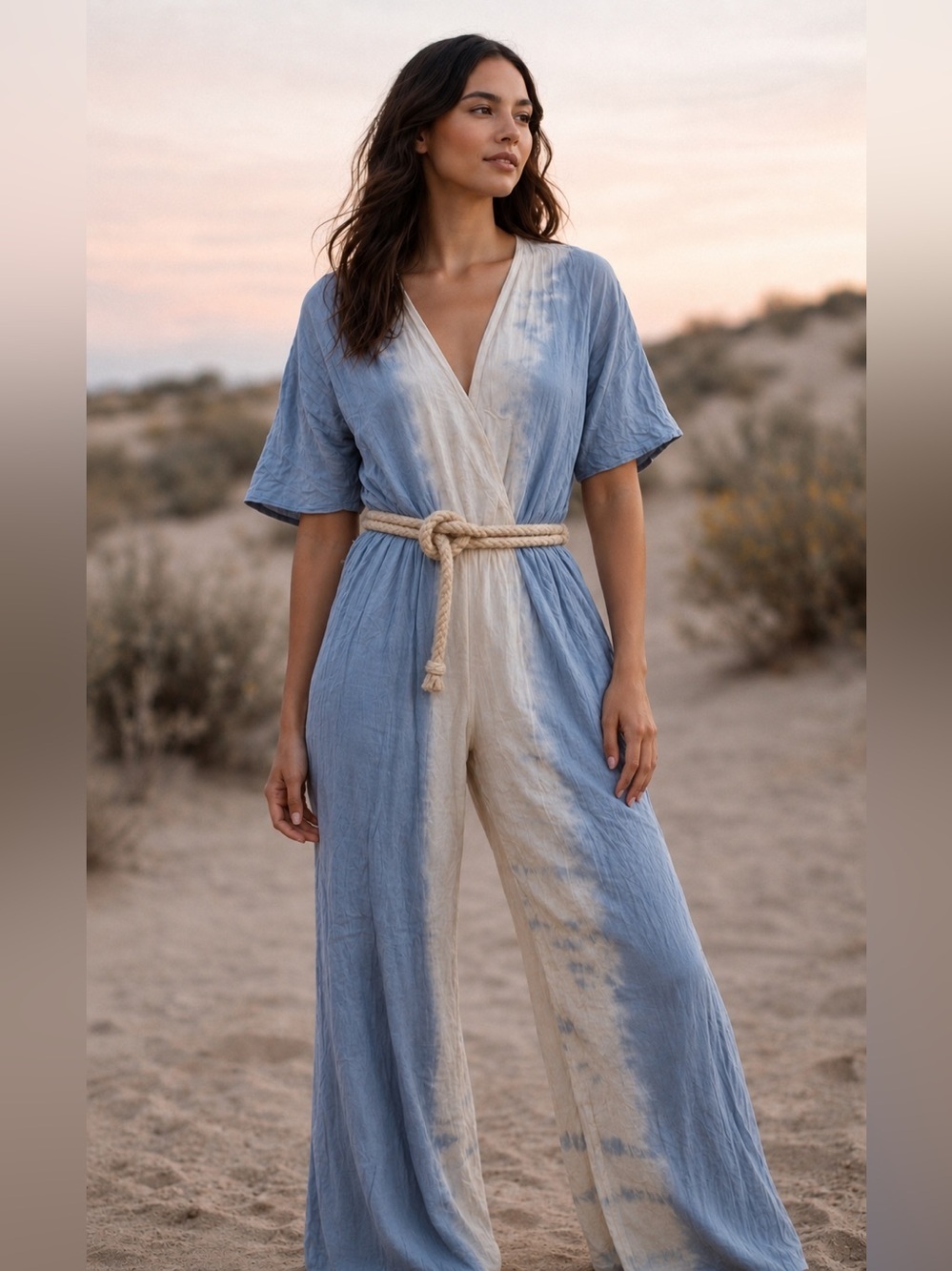 Vintage Havana Blue & White Rope-Tie Jumpsuit | Size M | Beachy Boho Vibes